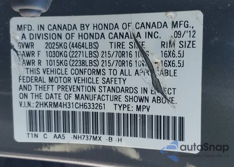 2012 Honda Cr-V Lx из США, поврежденный, VIN 2HKRM4H31CH633261